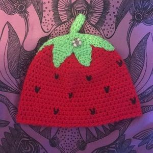 Handmade Red Green Strawberry Beanie Hat EUC Toddler
